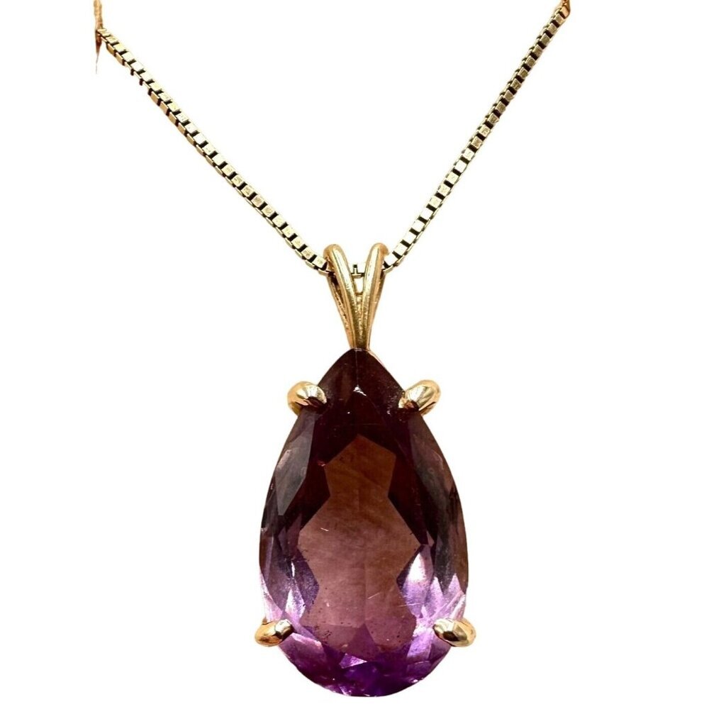 Vintage Womens Necklace 14K Gold Purple Amethyst Teardrop Pendant